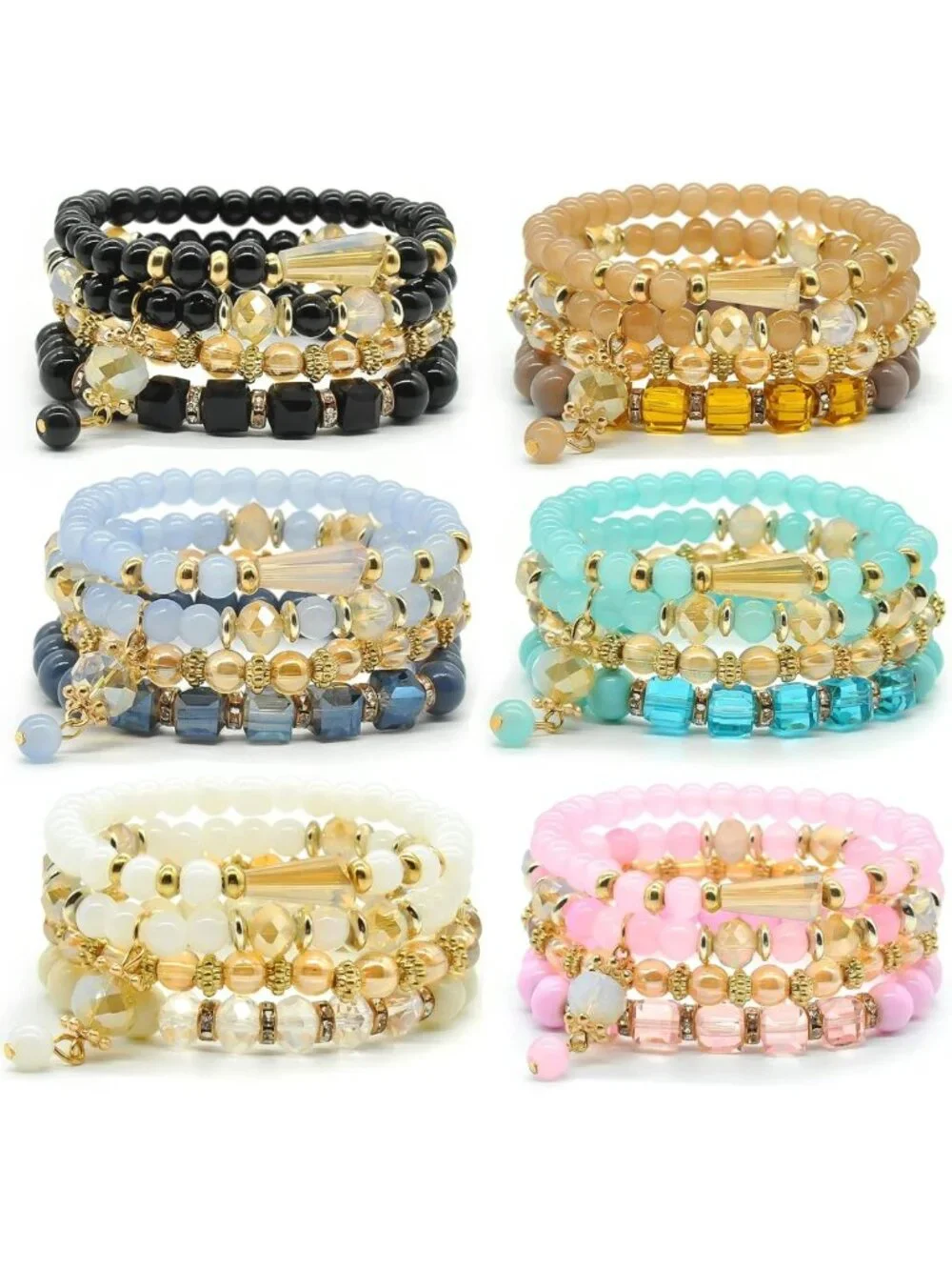 Boho Stackable Bracelet Set for Women - 6 Multi-Color Stretch Hippie Jewelry